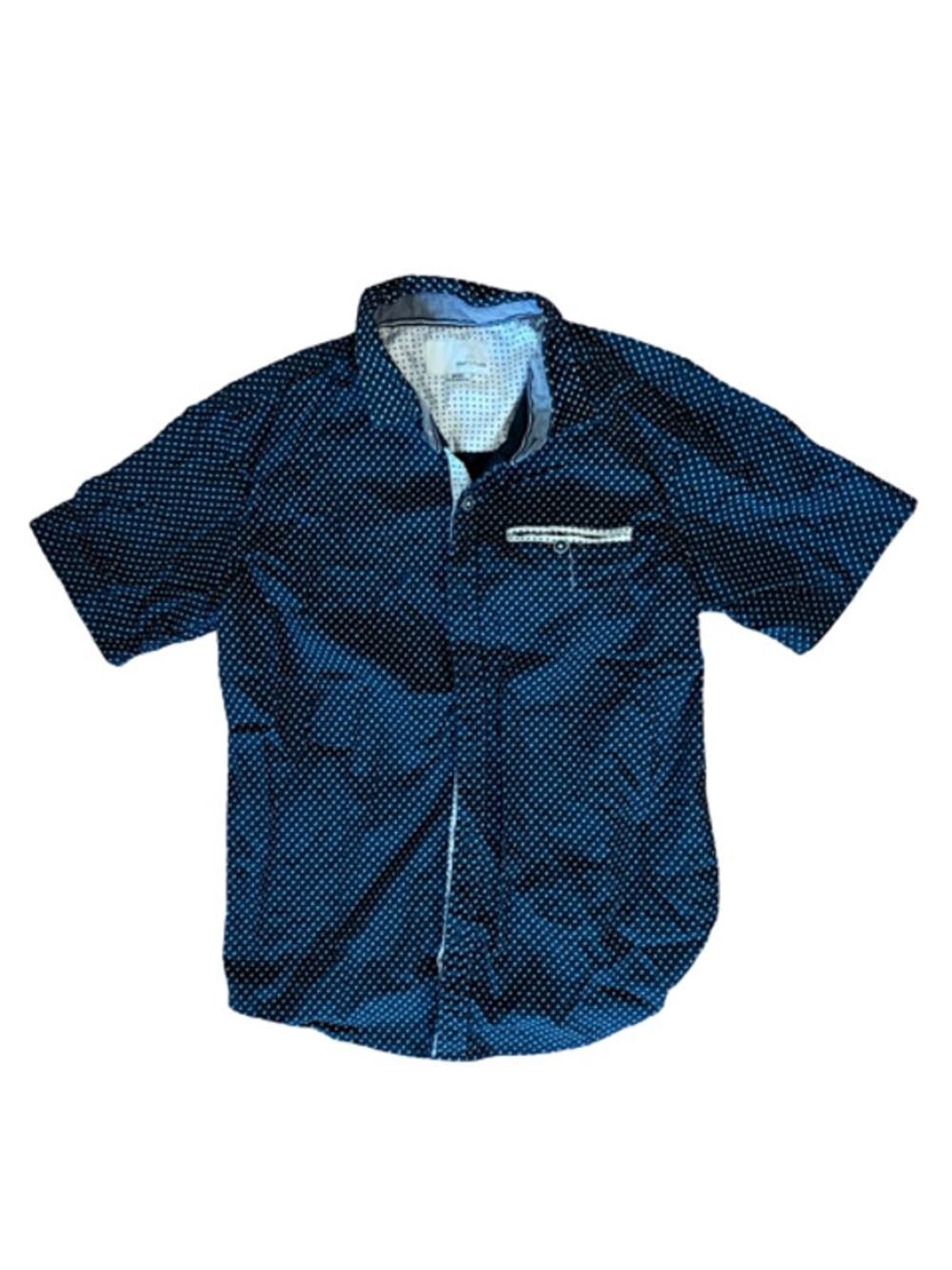 Craft + Flow Boys Button Front Shirt Size 10/12 Medium Navy Geometric Print